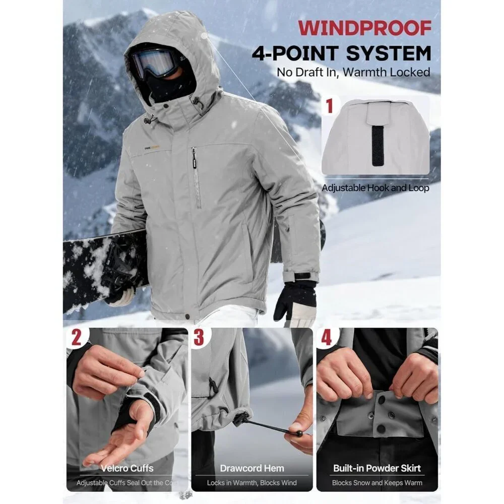 Men's Light Gray Waterproof Ski Snow Fleece Lined Warm Winter Rain Jacket